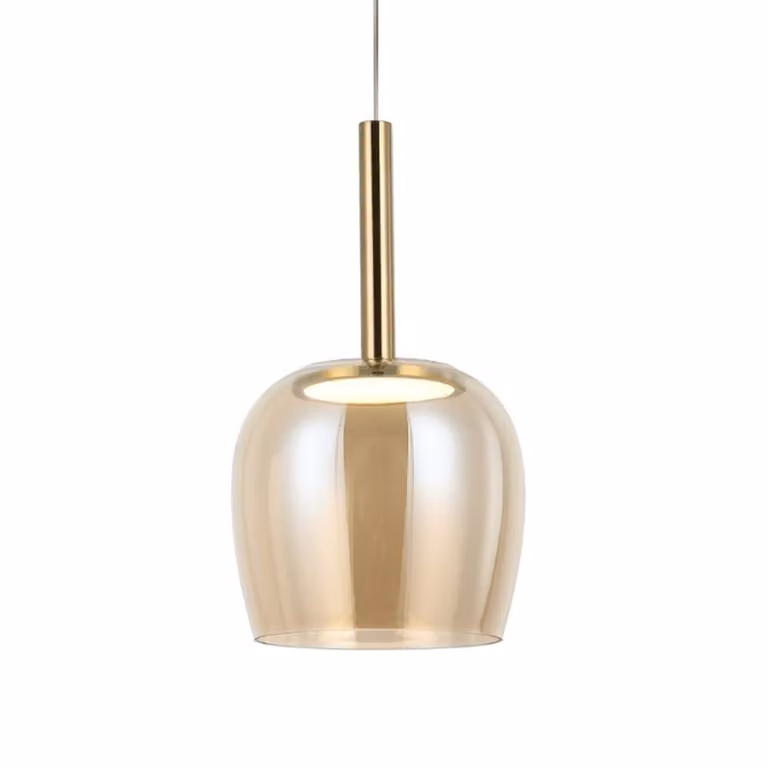 Lámpara colgante KOSILUM Eriska con LED integrado, diseño de campana en color dorado y cristal ámbar para salón, dormitorio o cocina