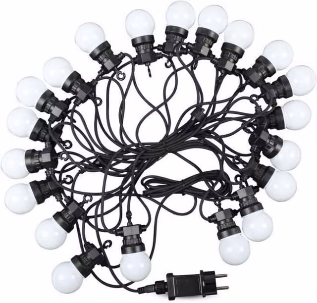 Catenaria de luces V-TAC con 20 mini bombillas globo LED de 5W, color blanco, luz cálida 3000K, longitud de 10m, con transformador y protección IP44