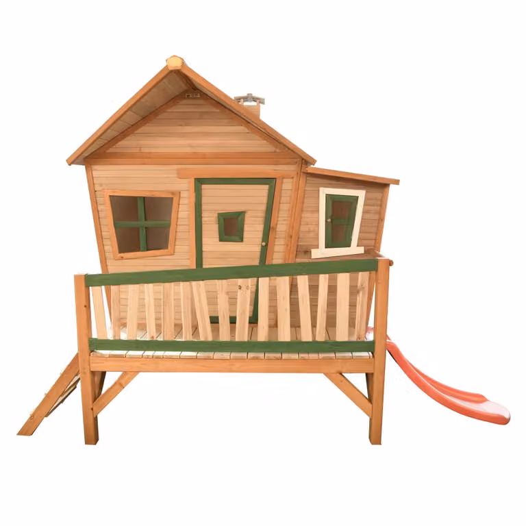 Casita de madera AXI con tobogán para niños en colores marrón, verde, rojo y blanco