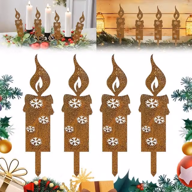 Set de 4 velas decorativas navideñas Neptune de metal con acabado oxidado en colores amarillo y marrón para exterior y jardín