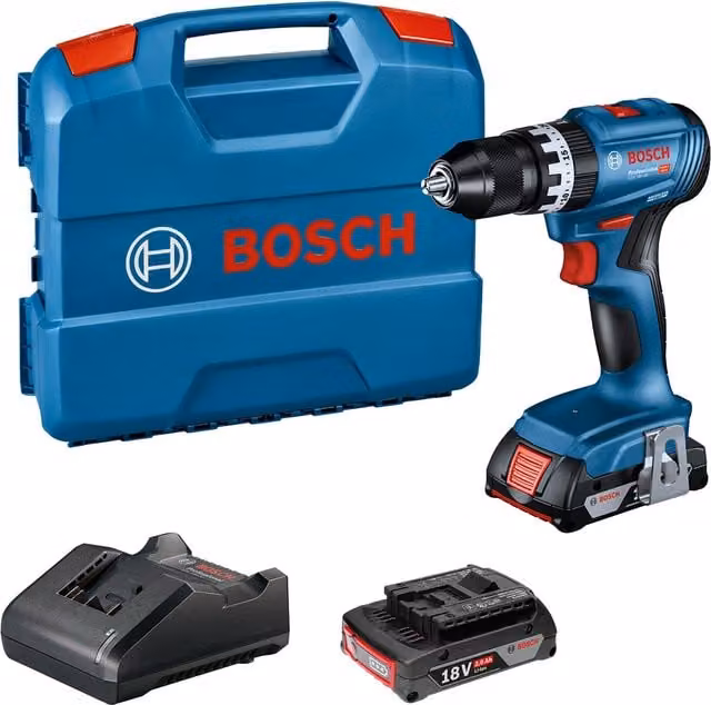 Bosch GSB 18V-45 Profesional Set de Atornillador y Taladro Percutor a Batería de 18,0 V en colores azul, negro y rojo
