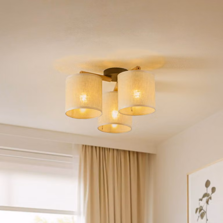 Lámpara de techo Deva de TK Lighting con 3 luces, diseño nórdico en madera y textil beige, atenuable para salón o comedor