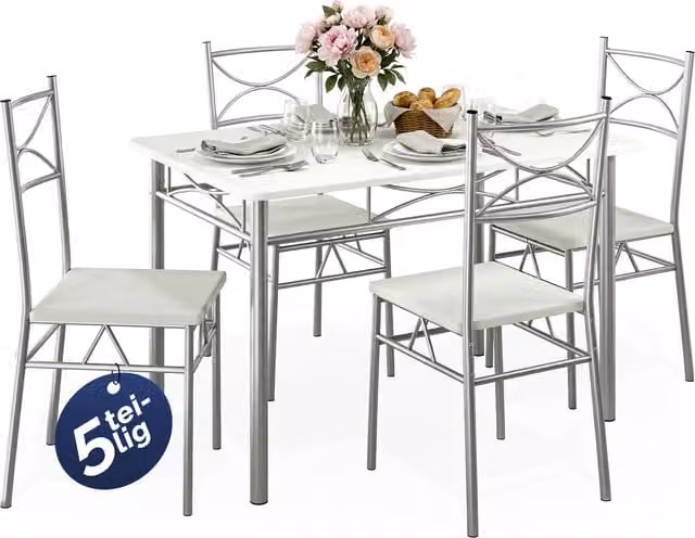 Conjunto de mesa y 4 sillas Paul de Casaria para cocina y comedor, color blanco y roble, An: 110 cm, P: 70 cm