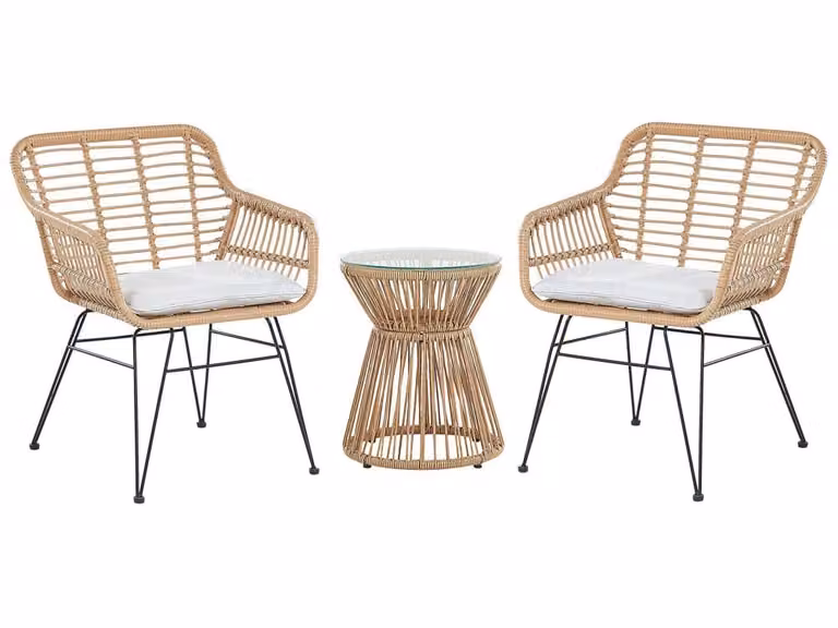 Conjunto de balcón Beliani de ratán sintético y metal con cojines en color marrón, gris o beige para terraza o jardín