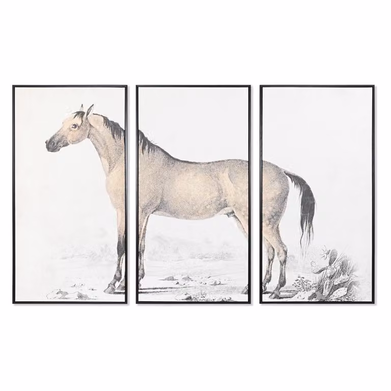 Conjunto de 3 cuadros de lienzo con motivos de caballos de NIYLO en color gris, An/Al: 120 x 180 cm