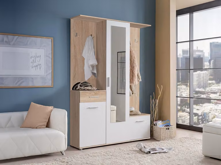 Armario ropero moderno CAMOLA con 3 puertas, cajones integrados y espejo en color blanco y beige