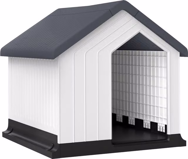 Caseta para perros pequeños y mini PawHut de plástico impermeable con ventana, color gris, An/P/Al: 62 x 61 x 60 cm