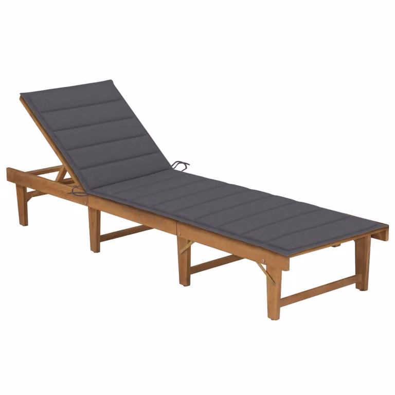 Tumbona plegable Syfax de madera de acacia aceitada con cojín impermeable gris antracita y reposacabezas ajustable