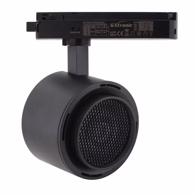 Foco de carril LED Roma de LEDBOX en color negro, regulable de 24º a 60º con potencia de 40W y temperatura de color CCT ajustable (3000-4000-6000K) y UGR13