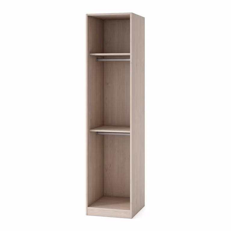 Armario Mio de El Corte Inglés con una puerta, estantes internos y barra de colgar en color beige mate