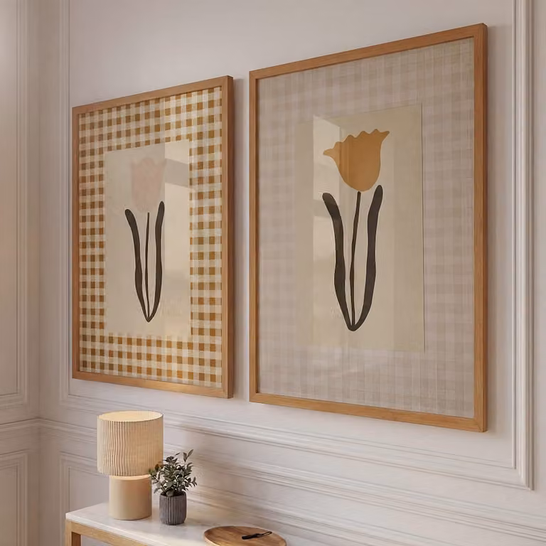 Set de 2 cuadros decorativos de Maisons du Monde con diseño floral y vichy en blanco y rosa, An: 73 cm, Al: 93 cm