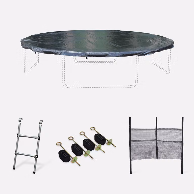 Pack de accesorios para cama elástica Sweeek en colores gris, negro y multicolor con materiales de acero y plástico