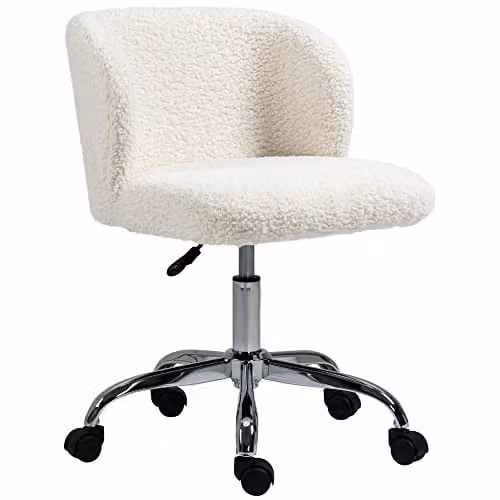 Silla de oficina HOMCOM sin reposabrazos en lana de cordero blanca con giro de 360 grados y altura ajustable