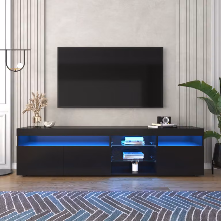 Mueble de TV moderno Aosom con iluminación LED integrada y acabado brillante en color negro para tu salón o comedor An/P/Al: 180 x 35 x 45 cm