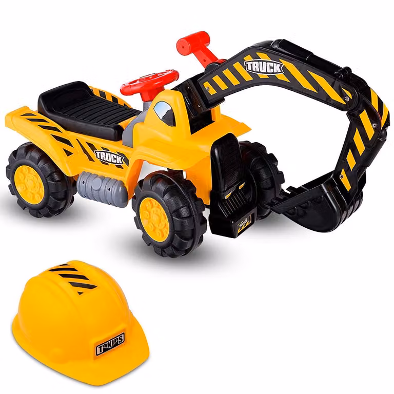 Excavadora de juguete Costway para niños con asiento, ruedas, casco y caja de almacenamiento, color amarillo y negro, An/P/Al: 84 x 45 x 30 cm