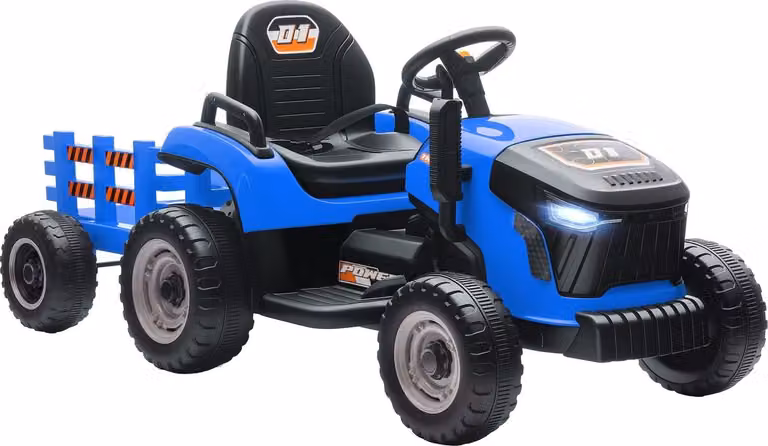 Tractor eléctrico con triciclo Northio para niños con control remoto y efectos de luz y sonido en color azul