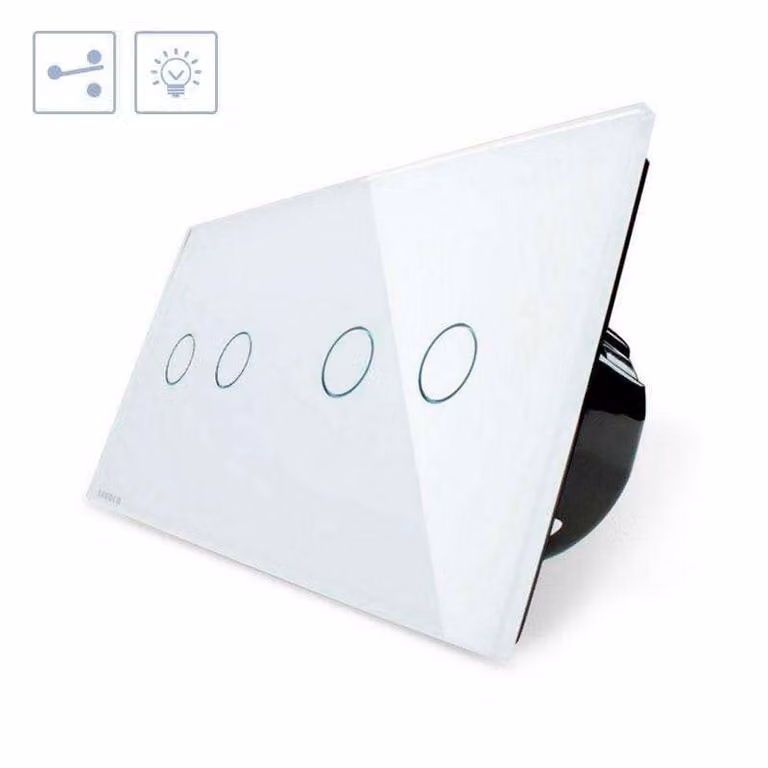 Conmutador táctil de 4 botones Livolo con frontal de cristal blanco y acabado minimalista para instalación empotrada
