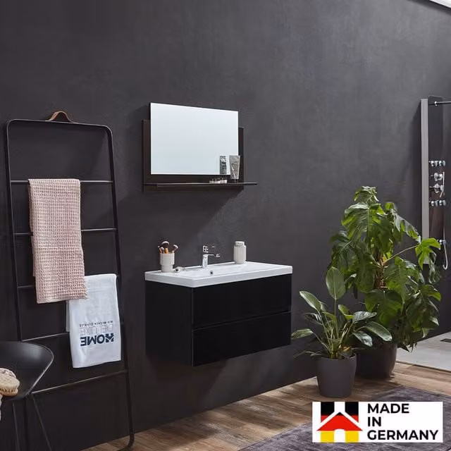 Conjunto de muebles de baño Home Deluxe WANGEROOGE BIG DELUXE M con mueble lavabo y armario de pared en color negro brillante y con iluminación LED