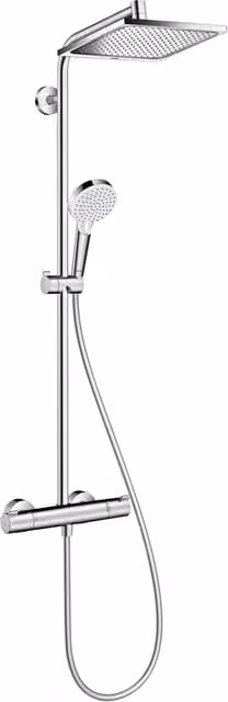 Columna de ducha termostática Hansgrohe Crometta E 240 con alcachofa de mano y efecto lluvia en acabado cromado para instalación de pared