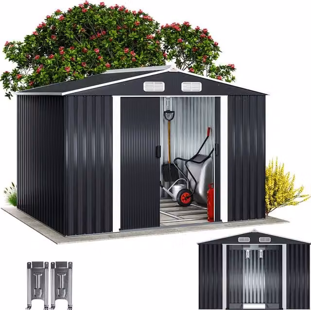 Caseta de jardín moderna Gardebruk de metal galvanizado en color antracita con techo a dos aguas y ventilación, An/P/Al: 260 x 205 x 180 cm