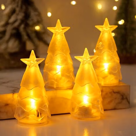 Juego de 4 luces nocturnas ULISEM con forma de árbol de Navidad y efecto de llama, velas electrónicas de color amarillo cálido con hojas transparentes y plateadas