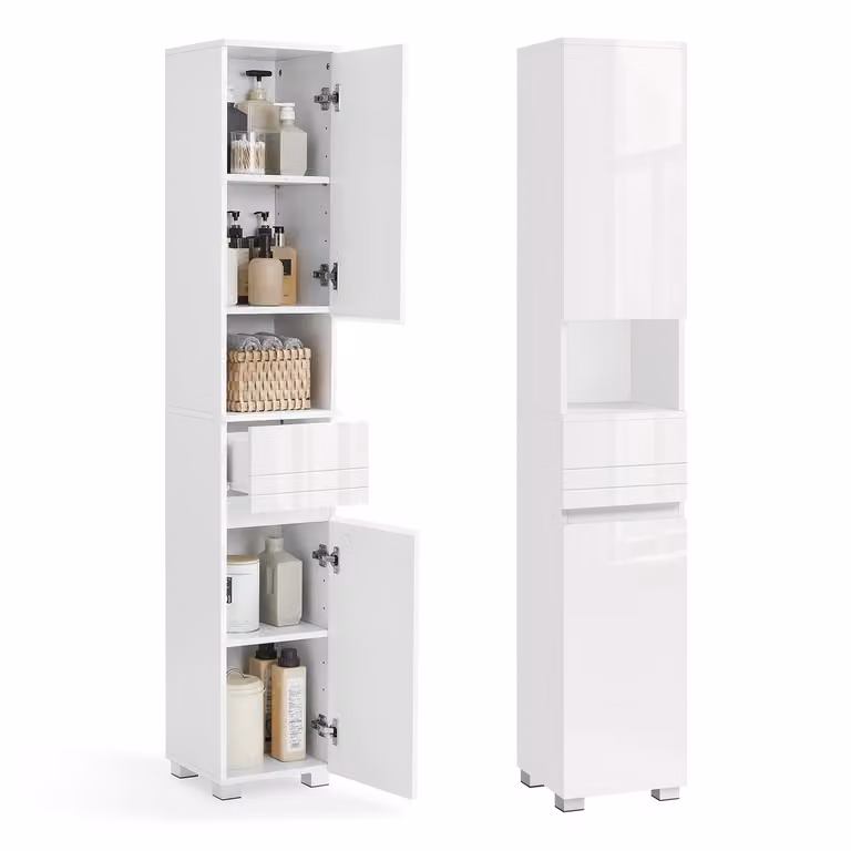 Armario de baño VASAGLE moderno con puertas batientes y estantes internos en color blanco brillante