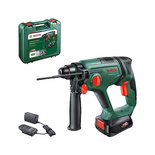 Martillo perforador a batería Bosch Universalhammer 18V con batería de 2,5 Ah y maletín de transporte en color verde y negro