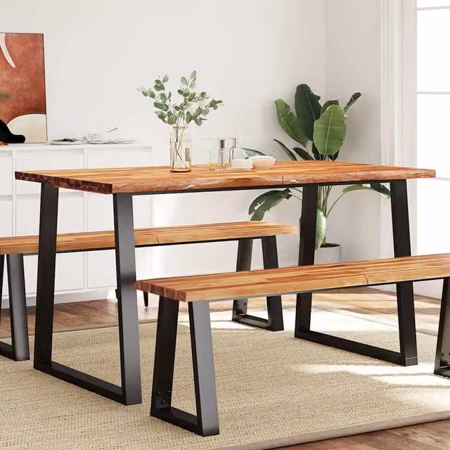 Mesa de comedor vidaXL de madera maciza de acacia con borde vivo y base de metal, color marrón, An/P/Al: 140 x 80 x 75 cm