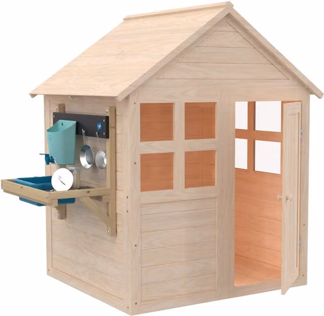 Casita infantil de madera TP Toys con cocina y caja de arena en color marrón y azul