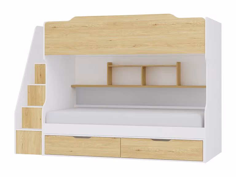 Litera de dos niveles VENTE-UNIQUE con cajones y escaleras, color blanco y beige, An/P/Al: 90 x 190 x 192 cm