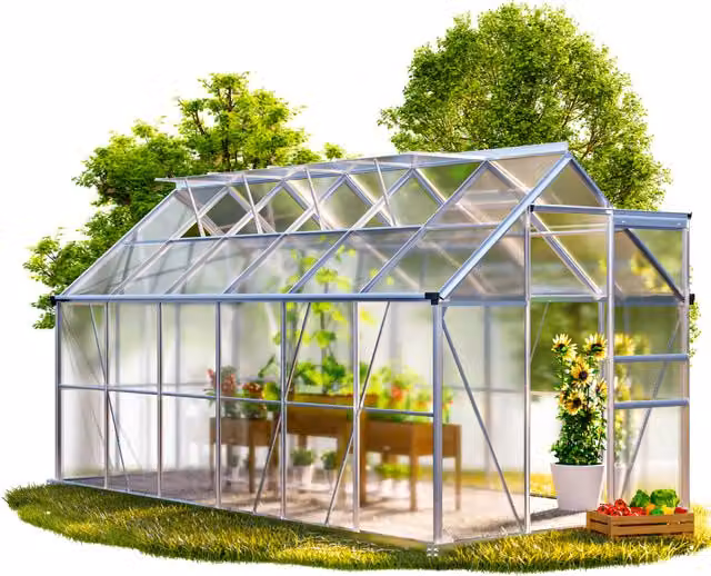 Invernadero de aluminio Gardebruk con policarbonato y 4 claraboyas, color plata, An/P/Al: 380 x 190 x 195 cm