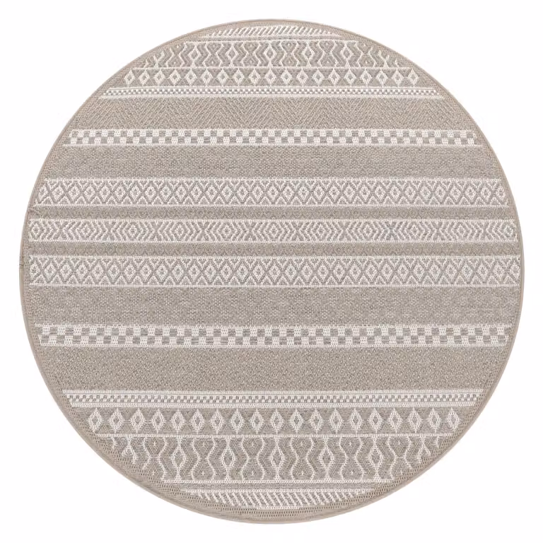 Alfombra Verona beige para interior y exterior, diseño geométrico boho y tejido plano, Diámetro: 160 cm