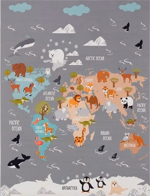 Alfombra infantil Bini gris y multicolor con diseño de animales, rectangular, lavable y antideslizante, An: 240 cm, Al: 340 cm