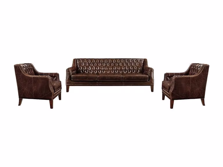 Conjunto de salón Colbert de Vente-Unique con sofá de tres plazas y dos sillones de cuero marrón con estructura de madera sólida