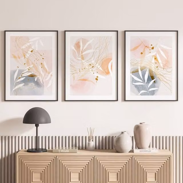 Lote de 3 pósteres decorativos de papel Lumalea con diseños abstractos, de paisajes y botánicos en multicolor, formato rectangular, An/P: 21 x 29,7 cm