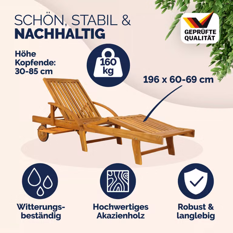 Set de 2 tumbonas de jardín Tami Sun de CASARIA en madera de acacia con cojines verdes y reposacabezas ajustable