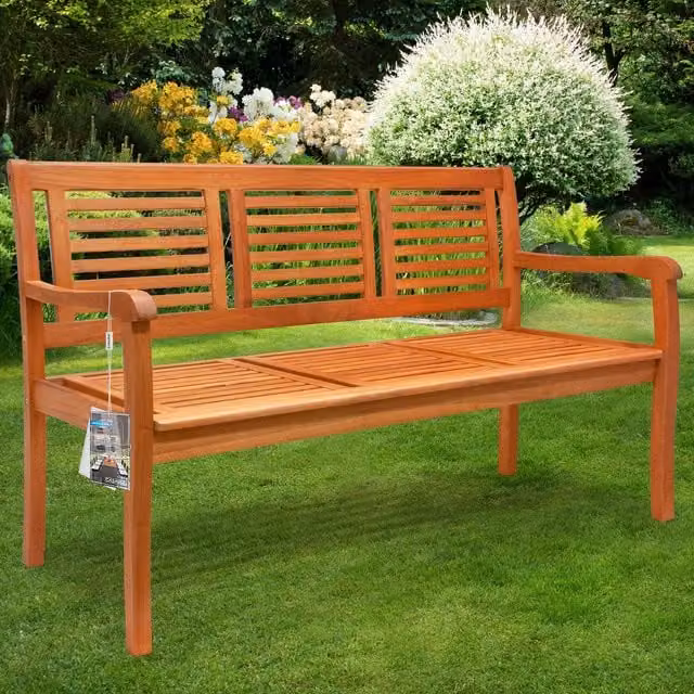 Banco de jardín Bologna de 3 plazas Casaria® en madera de eucalipto marrón con reposabrazos An/P/Al: 153 x 57 x 88 cm