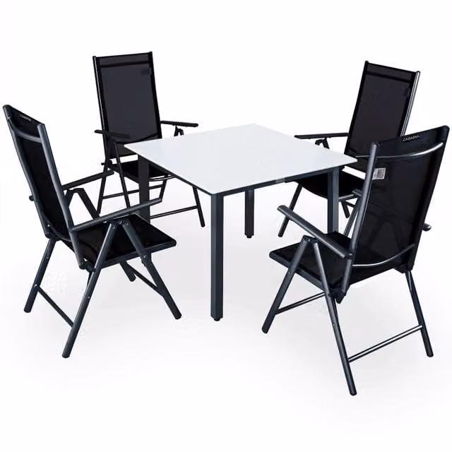 Conjunto de jardín Bern de Casaria con 1 mesa de vidrio esmerilado y 4 sillas plegables de aluminio en color antracita, An/An/Al: 90 x 90 x 75 cm