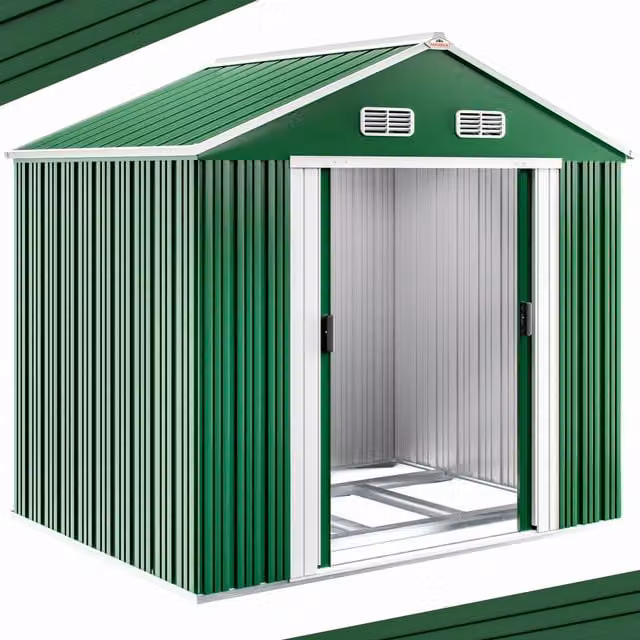 Caseta de jardín Gardebruk de metal verde con puerta corredera y ventilación en el tejado An/P/Al: 260 x 205 x 180 cm