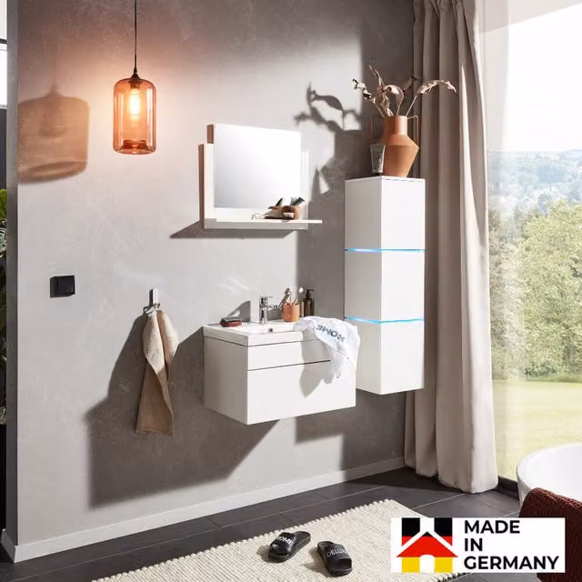 Conjunto de muebles de baño moderno Home Deluxe WANGEROOGE en color blanco con iluminación LED y acabado brillante