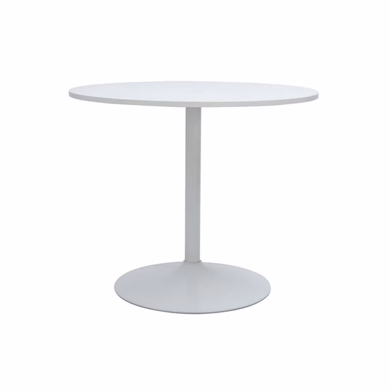 Mesa pequeña redonda moderna MILIBOO en blanco y negro con acabado mate y estructura de madera y metal, Diámetro: 90 cm, Altura: 75,5 cm