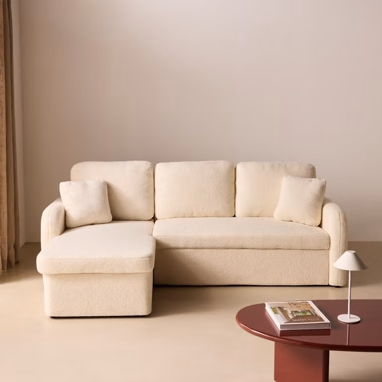 Sofá cama Milano de 3 plazas de Sweeek en tejido boucle color crema, diseño moderno en forma de L con función de cama y fundas extraíbles, An/P/Al: 220 x 83 x 85 cm
