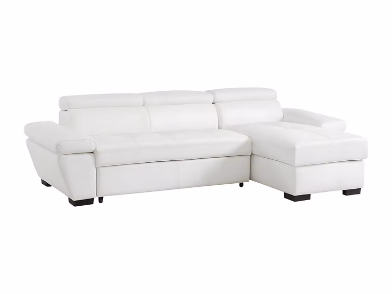 Sofá cama rinconera de piel JONOVA en color blanco con ángulo derecho y reposacabezas ajustable