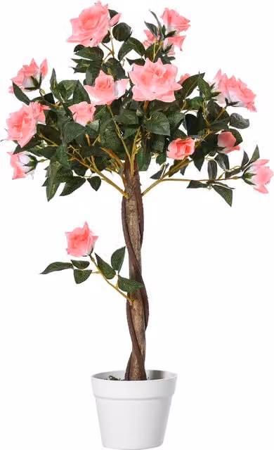 Planta artificial Outsunny con flores rosas en maceta de cemento para mesa