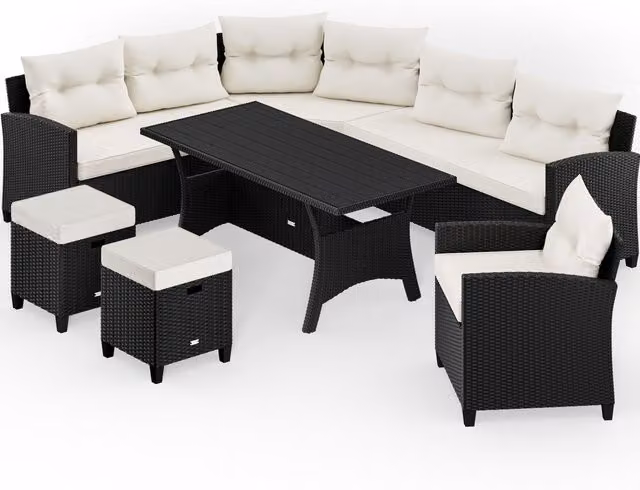 Conjunto de comedor de jardín Casaria para 9 personas en poliratán negro y beige con mesa de tablero WPC, un sillón de esquina y dos taburetes