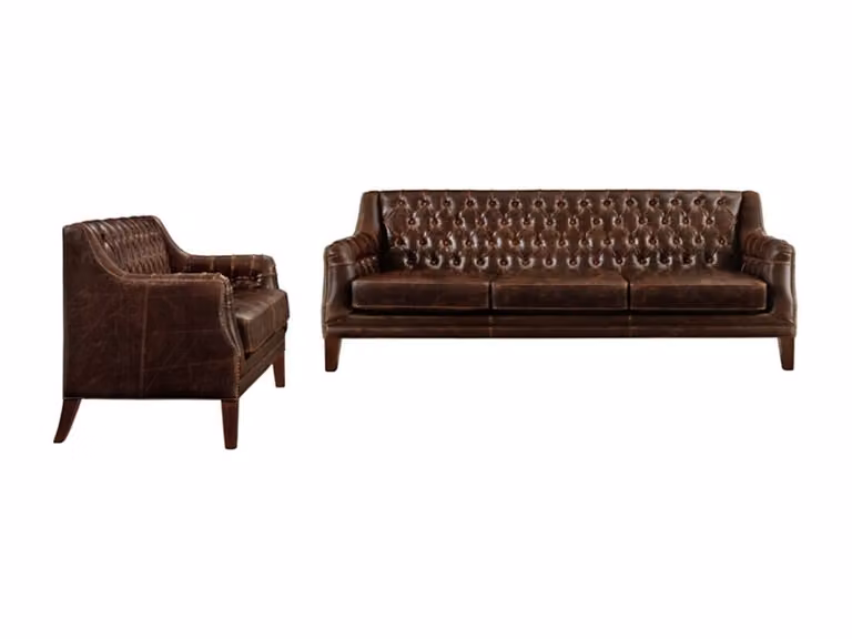 Conjunto de sofás Colbert de Vente-Unique de 3 y 2 plazas en piel color marrón con estructura de madera de abedul