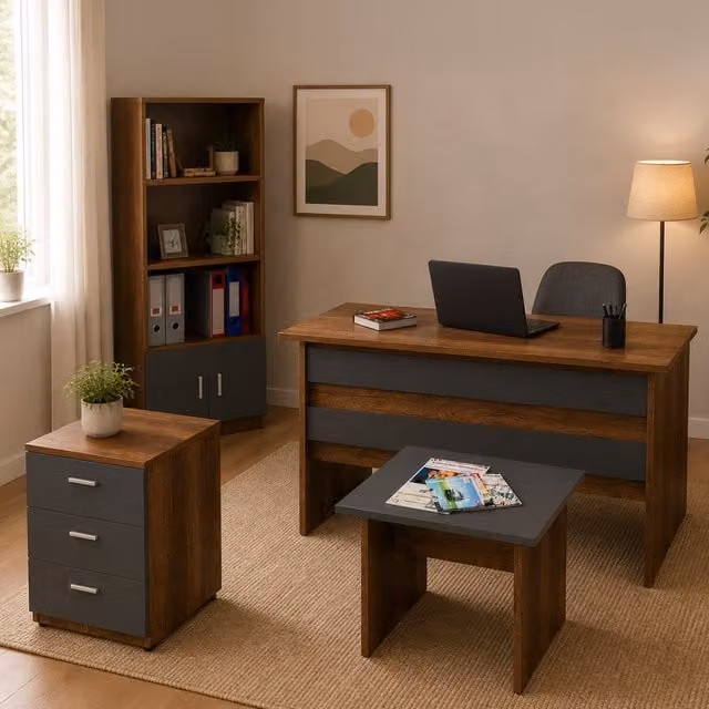 Conjunto de oficina modular Rebekah de DMORA con escritorio, estantería de 5 estantes y cajonera de 3 cajones en color nogal