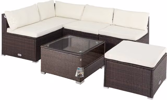 Conjunto de jardín en forma de L Casaria® de polirratán marrón y beige con cojines y mesa de centro con tapa de cristal