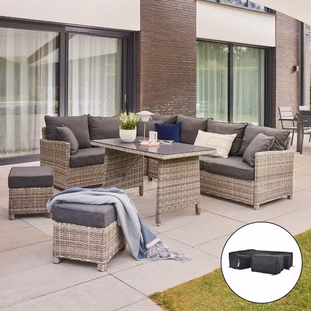 Conjunto de asientos de ratán Home Deluxe BAHIA en gris con cojines y funda para exterior en forma de L con mesa de centro