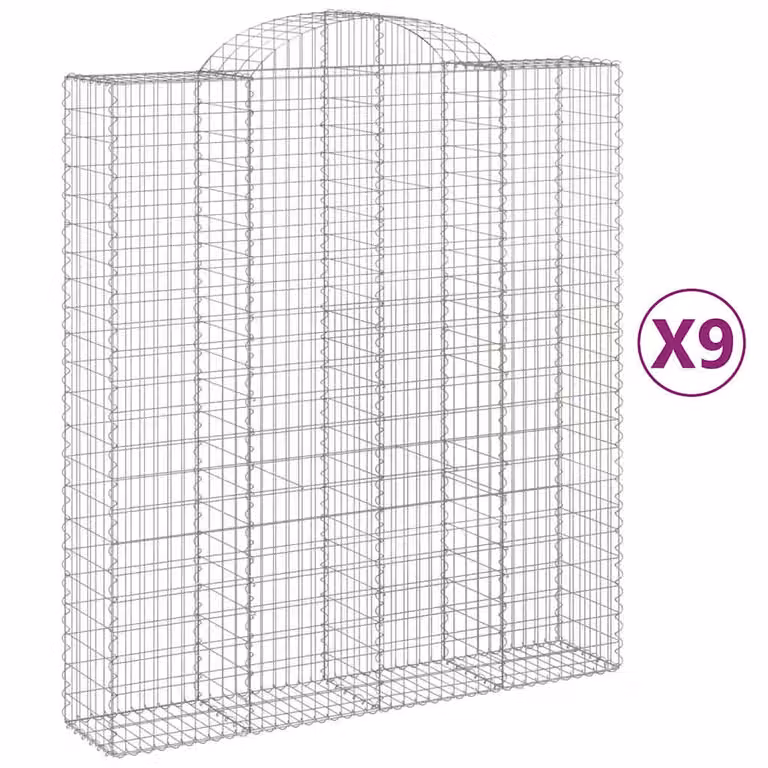 Set de 9 cestas de gaviones con forma de arco videx en acero galvanizado color gris y plata An/P/Al: 200 x 50 x 220/240 cm